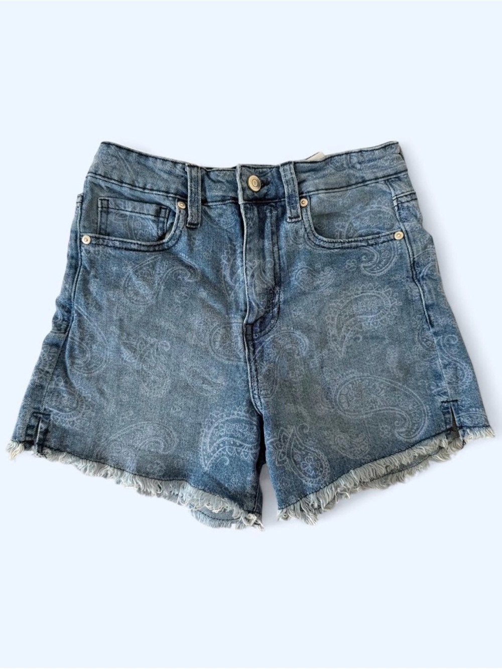 Paisley Print Frayed Hem Denim Shorts - Blue